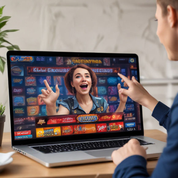 A person sitting in front of a laptop cheering with a winning screen from an online slot.