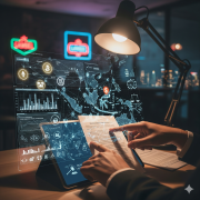 A photo of a person's hands using a tablet to navigate a complex digital interface. The screen displays a map of Southeast Asia overlaid with a web of connections, as well as graphs, legal documents, and icons representing cryptocurrencies, gambling platforms, and regulations.