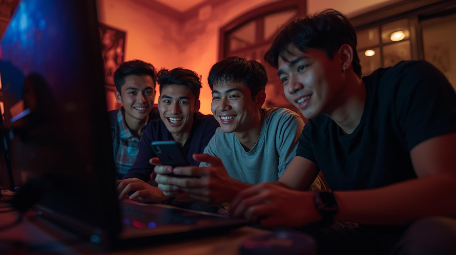 Friends in Malaysia casually enjoy online slot games together indoors with laughter.