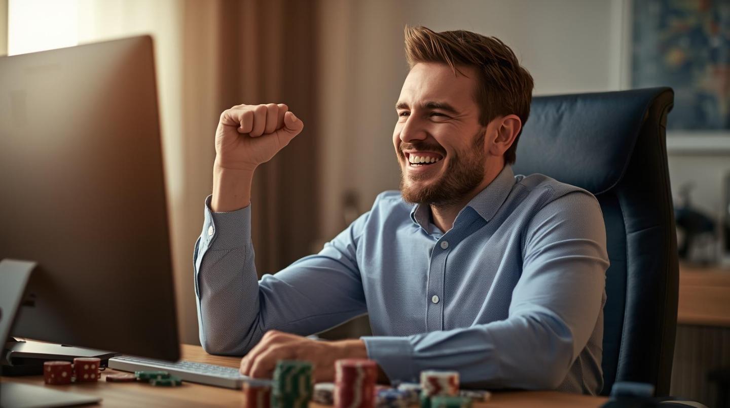 Cheerful adult playing online gambling at home with blurred laptop screen.