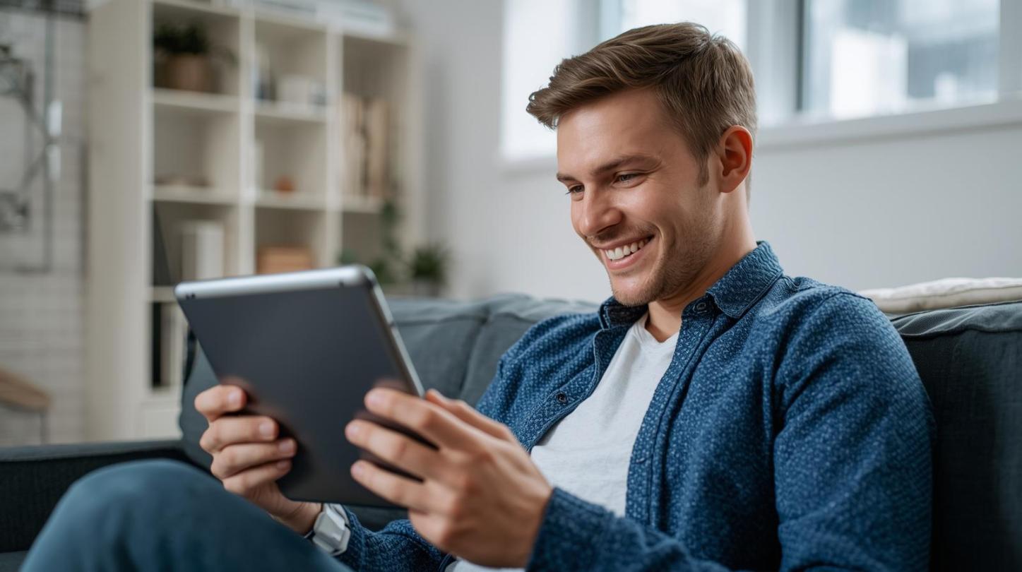 Young man using tablet at home enjoying immersive digital gambling entertainment experience.
