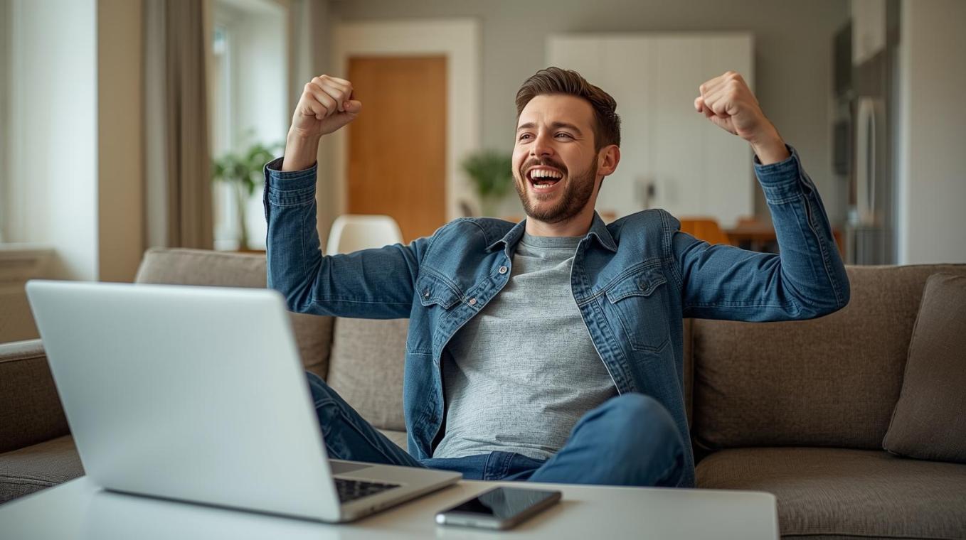 Happy man celebrating online lottery win at home with laptop and smartphone blurred.