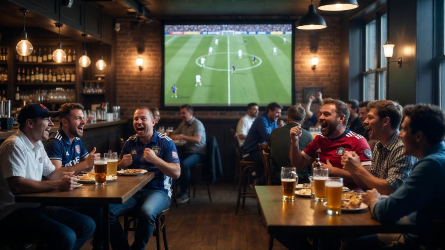 Fans gathered in a pub watching a Premier League match on a big screen