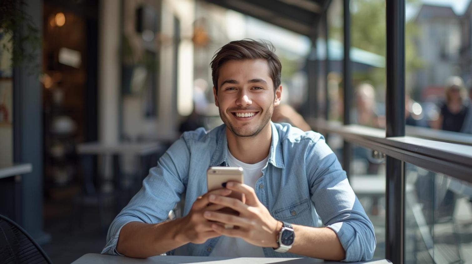 Smiling man enjoying online roulette game on smartphone at cafe.