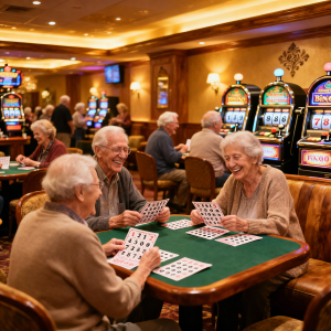 A warm and inviting casino setting with older adults enjoying games, soft lighting, friendly atmosphere, bingo cards and slot machines, smiling faces, relaxed and social environment