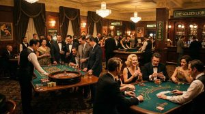 A vintage-style casino with classic games like roulette and poker, warm golden lighting and retro decor.