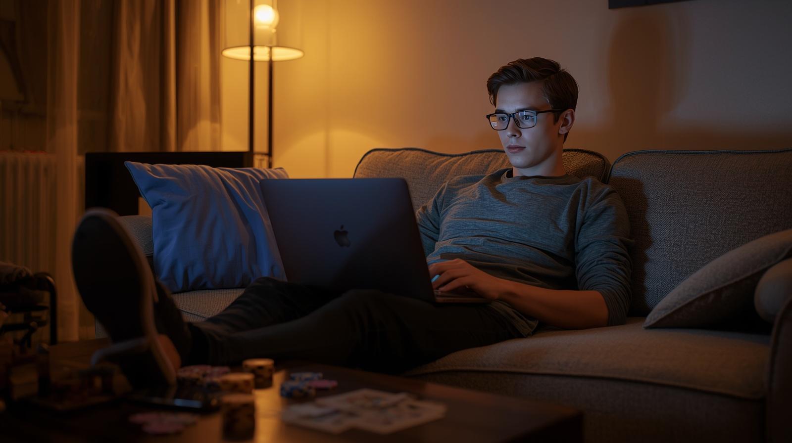 Young British player enjoying relaxed online casino entertainment night inside modern apartment.