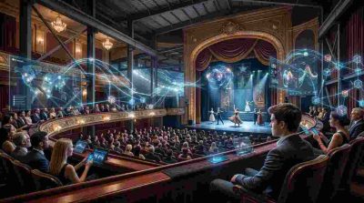 Elegant theater interior blending traditional stage performance with subtle modern digital entertainment elements where audience enjoying a live show